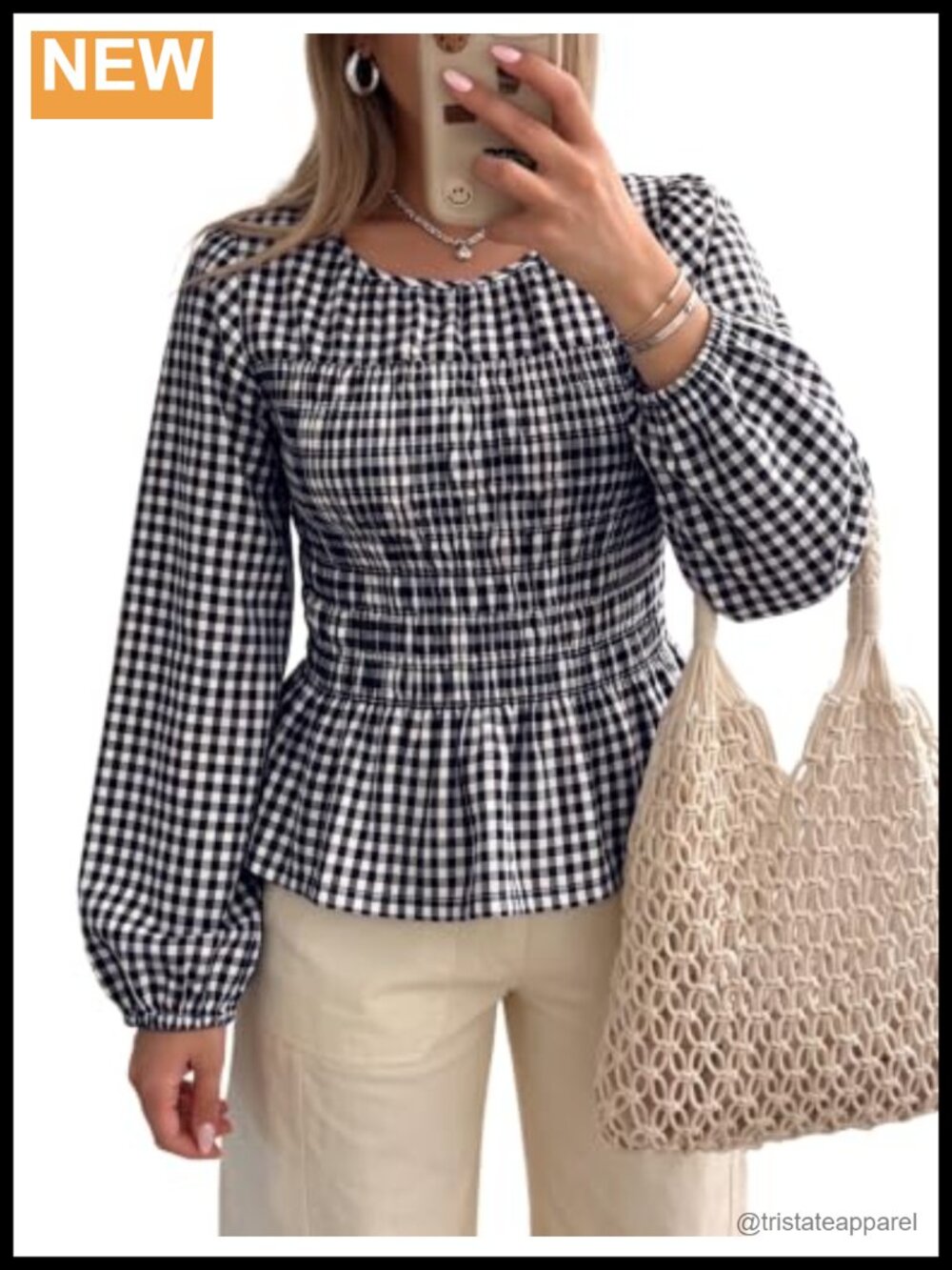 Gingham Smocked Peplum Blouse Long Sleeve Crewneck Cotton Top